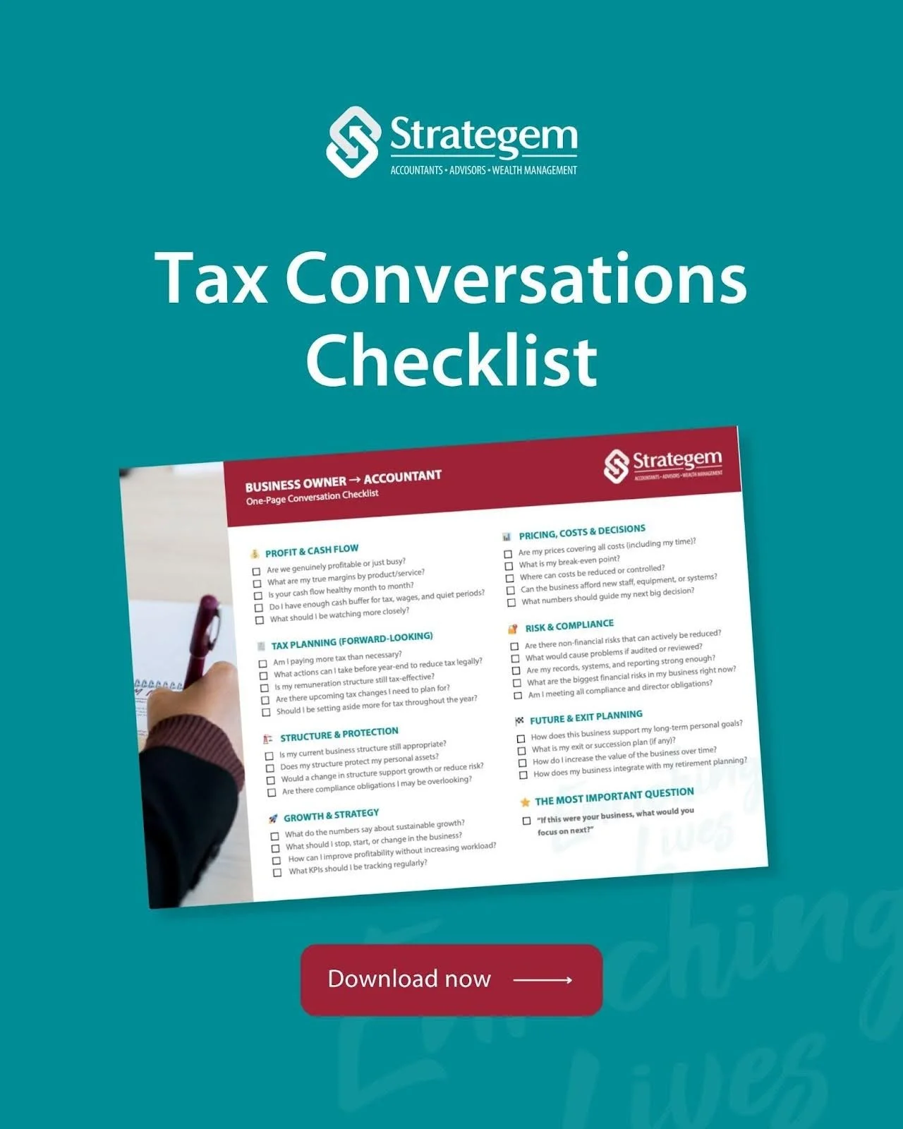 Your conversations with your accountant should go beyond the numbers.⁠
⁠
That&rsquo;s why we created the Tax Conversations Checklist, a simple, one-page guide to make sure you&rsquo;re asking the right questions and covering all the important areas.⁠