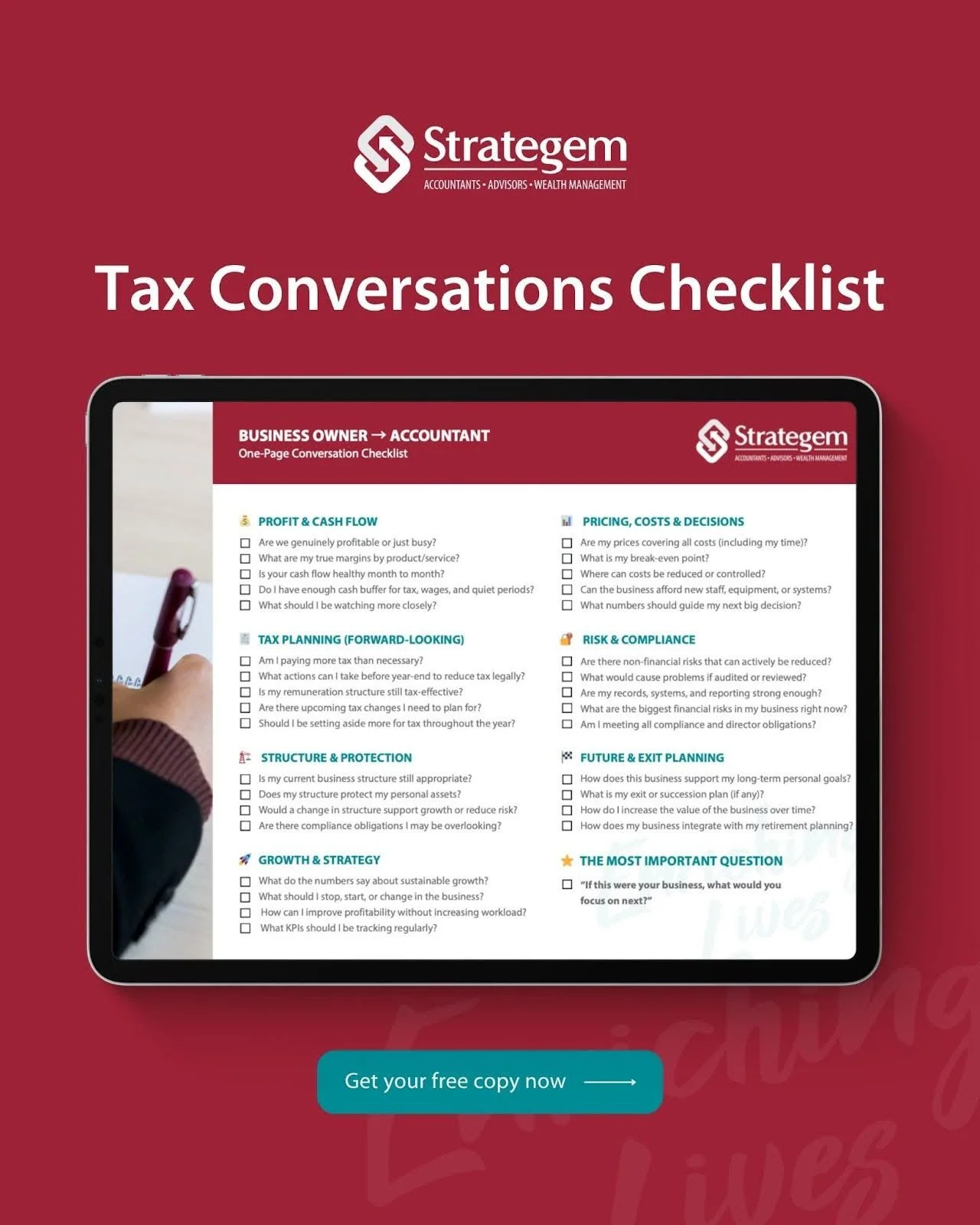 Stop guessing if you&rsquo;re asking the right questions about your tax.⁠
⁠
The Tax Conversations Checklist helps you have clear, productive conversations with your accountant, so you can make smarter decisions and avoid missing opportunities.⁠
⁠
Get