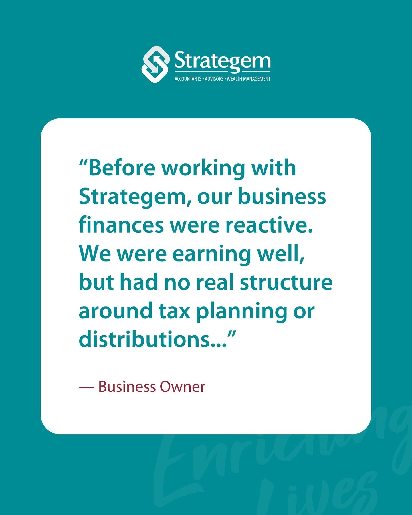 &ldquo;Before working with Strategem, our business finances were reactive. We were earning well, but had no real structure around tax planning or distributions.⁠
⁠
After our review, everything changed.⁠
⁠
They helped us restructure our business, impr
