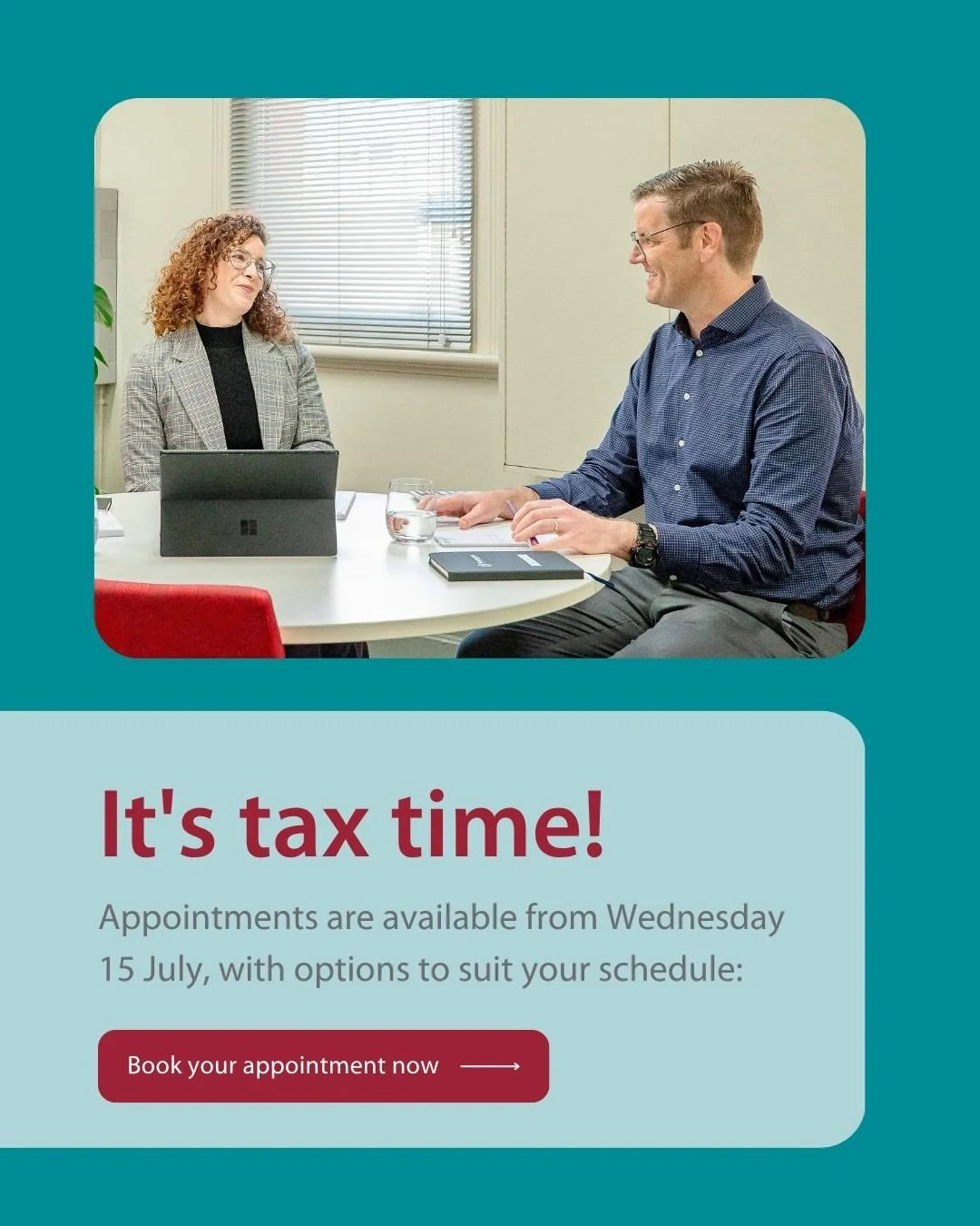 📢 It's tax time!⁠
⁠
Our team is ready to assist with your 2025/26 tax return.⁠
⁠
Appointments are available from Wednesday 15 July, with options to suit your schedule:⁠
⁠
✔ In-person appointments⁠
✔ Phone appointments⁠
✔ Online Teams appointments⁠
⁠