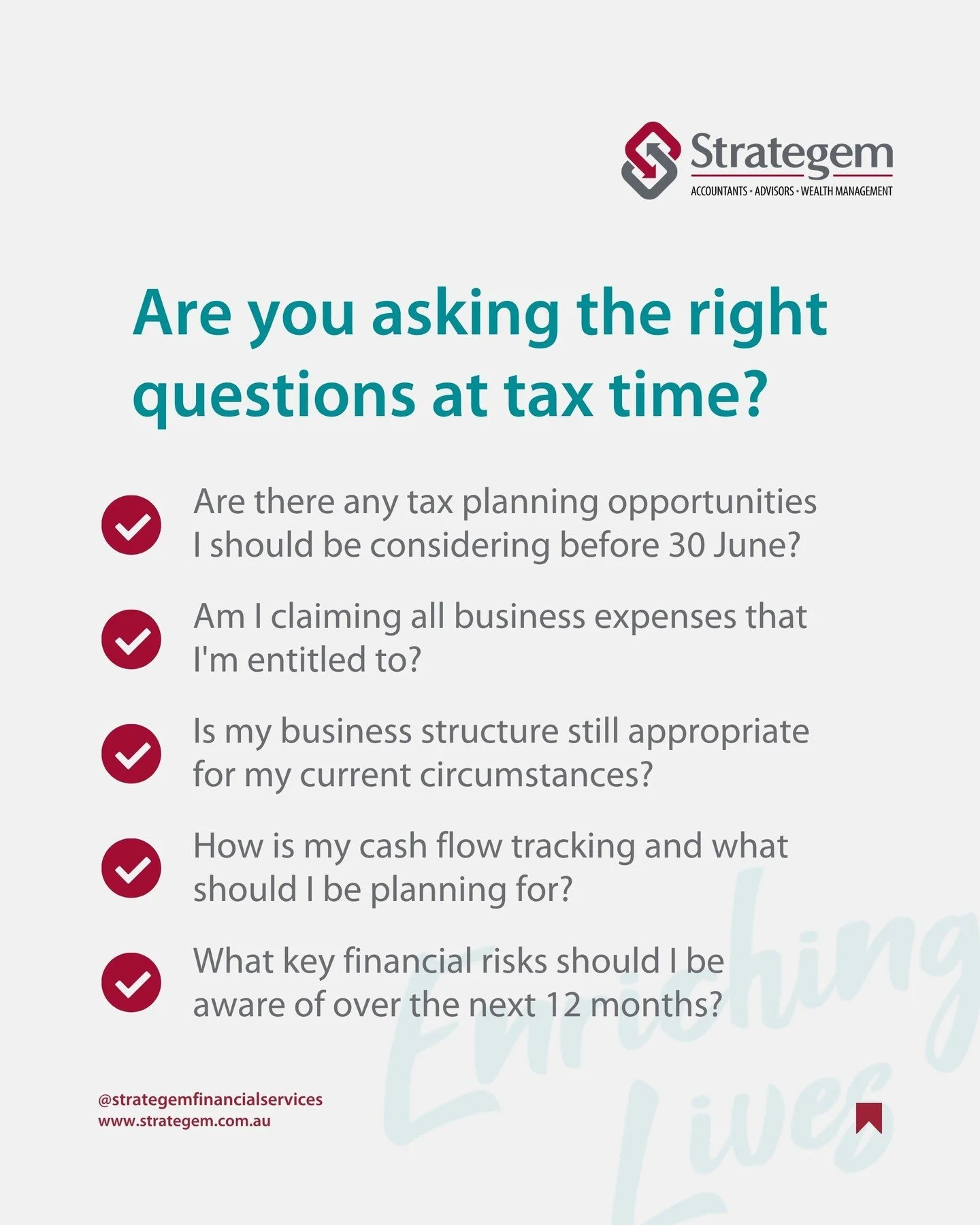 Are you asking the right questions at tax time?⁠
⁠
Many business owners focus on lodging their tax return, but some of the most valuable conversations happen before the paperwork is submitted.⁠
⁠
Here are five important questions to discuss with your