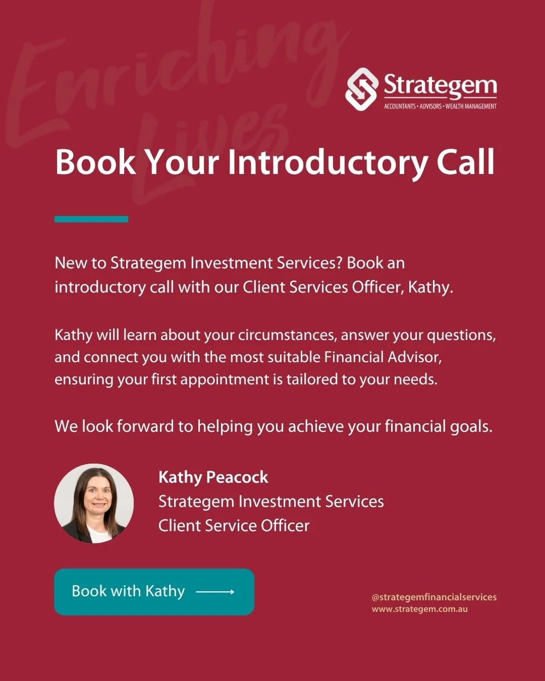 If you've been considering reaching out to a Financial Advisor, now is a great time to start the conversation.⁠
⁠
Your journey begins with an introductory call with our Client Services Officer, Kathy.⁠
⁠
During this conversation, Kathy will take the 