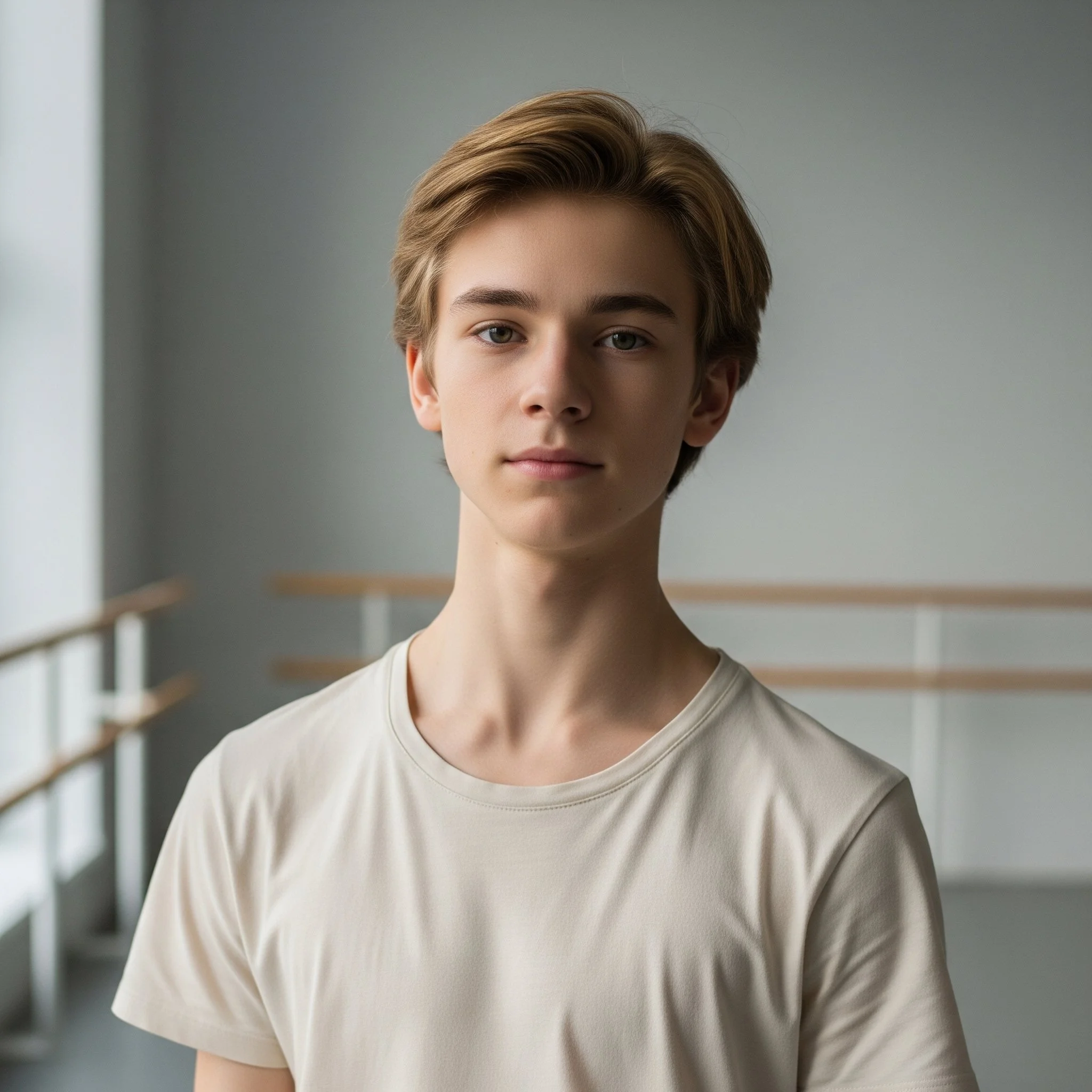 A young man with light brown hair and fair skin standing indoors in front of a gray background, wearing a cream-colored T-shirt.