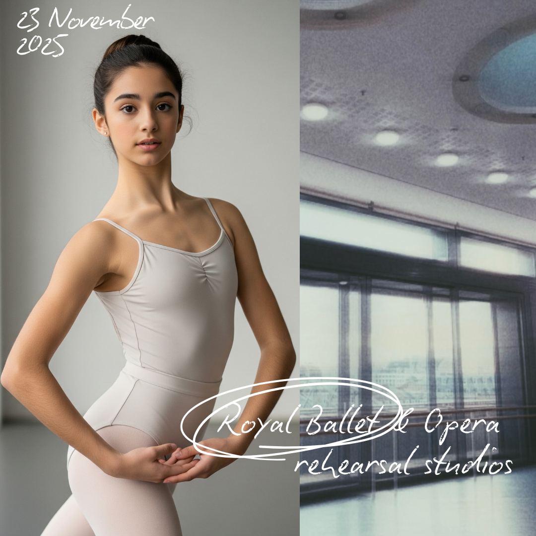 A young woman in ballet attire standing indoors with a view of rehearsal studios or dance hall in the background, dated November 23, 2023, for Royal Ballet Opéra rehearsal studios.