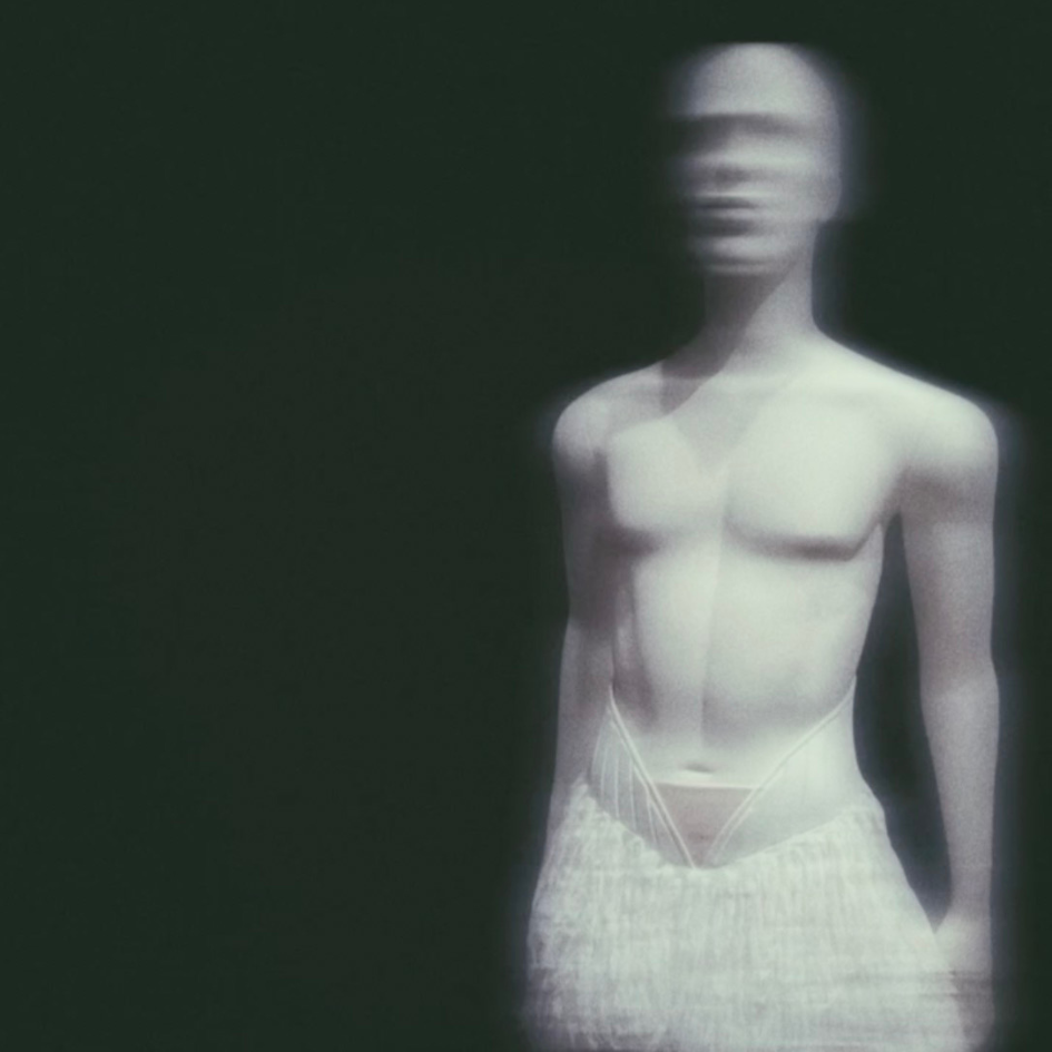 Blurry image of a mannequin or statue of a human figure against a dark background, with the figure's facial features indistinct.