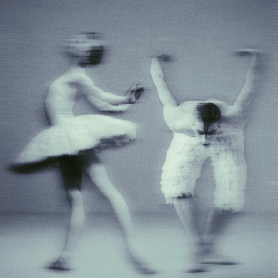 Two ballet dancers in motion, one spinning with a tutu and the other with outstretched arms and dark hair, appearing blurred in a monochrome, artistic photo.