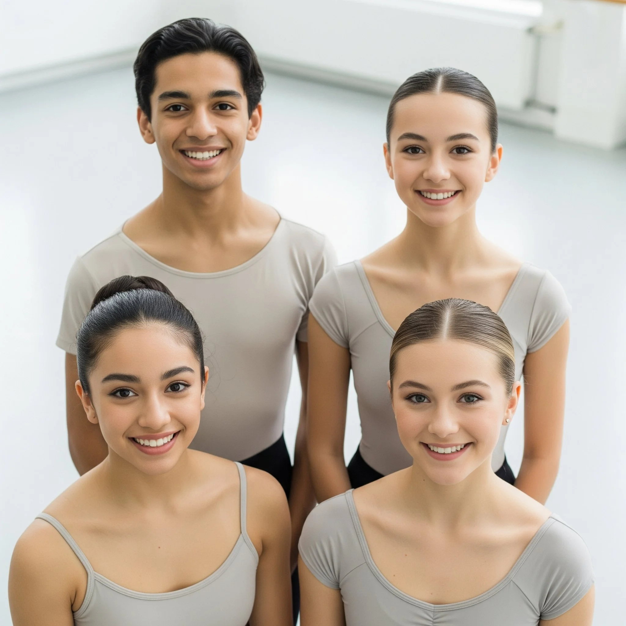 Four young ballet dancers in matching neutral leotards smiling in the ballet studio.