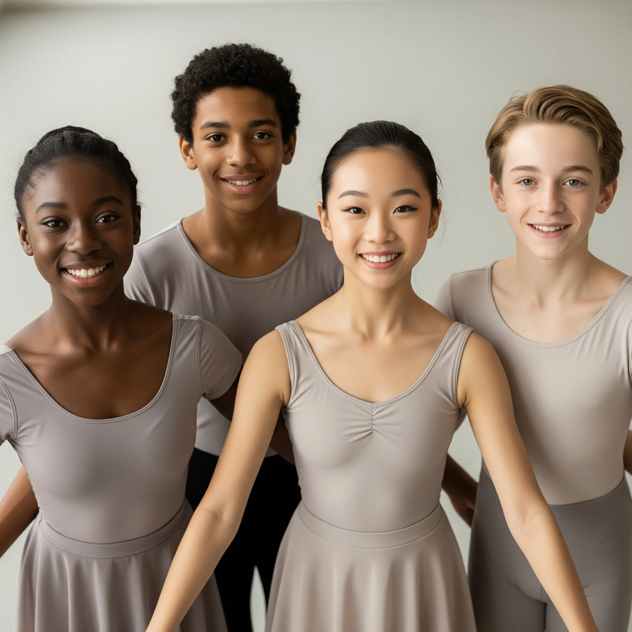 Group of five young diverse dancers in matching gray costumes, smiling and posing against a white background.