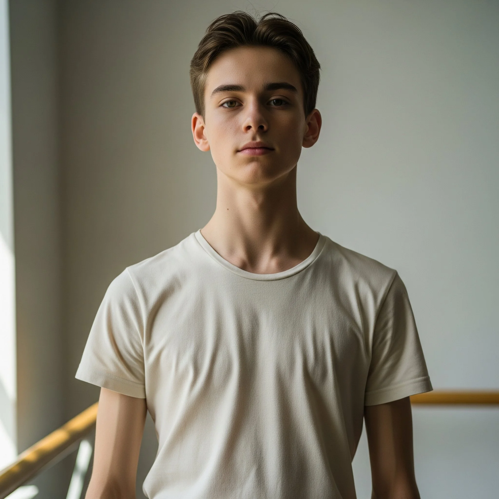 Portrait of a young man with brown hair wearing a white t-shirt, standing against a plain wall.