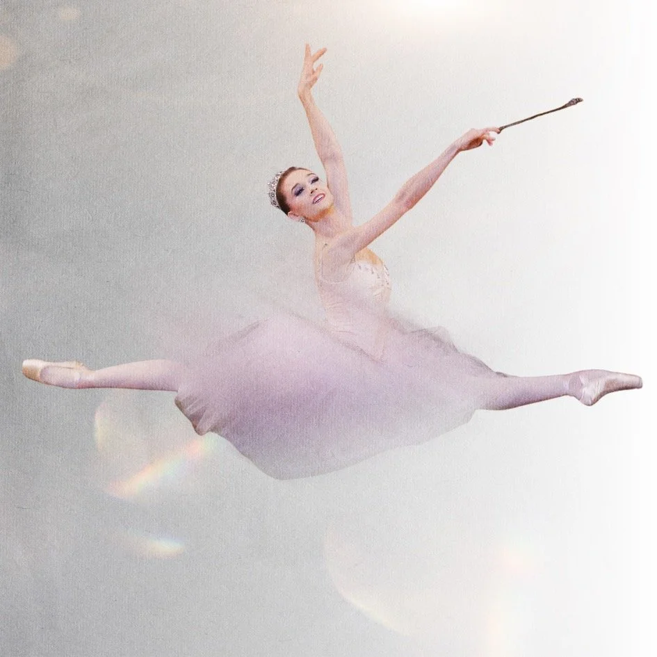 A ballerina performing a grand leap in a pink tutu, holding a ballet wand, against a plain background.