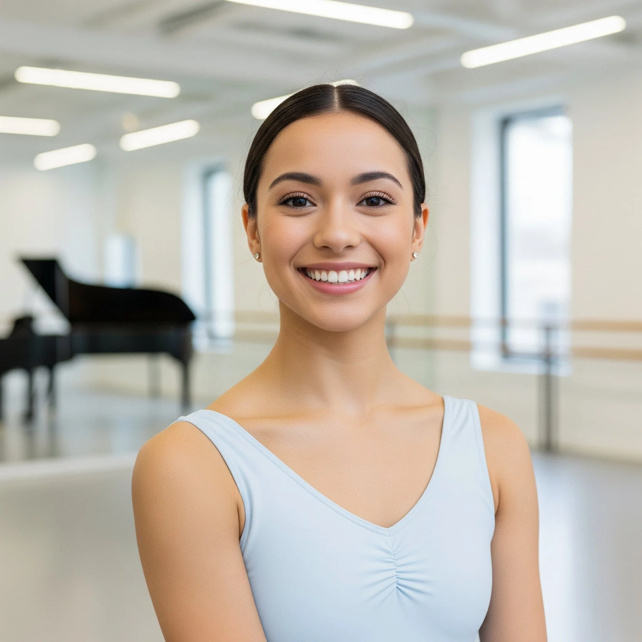 Young woman with dark hair in a bun, smiling, wearing a light blue tank top, in a dance or singing studio with a piano and mirrors in the background.