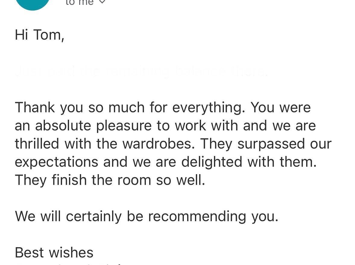 A recent review from a very happy customer - we think the review speaks for itself! 

My books are open for 2023 so if you have any ideas, message me for a FREE quote ✅

#bedroom #wardrobes #alcoves #custom #customcabinet #cabinetmaker #bespoke #inte