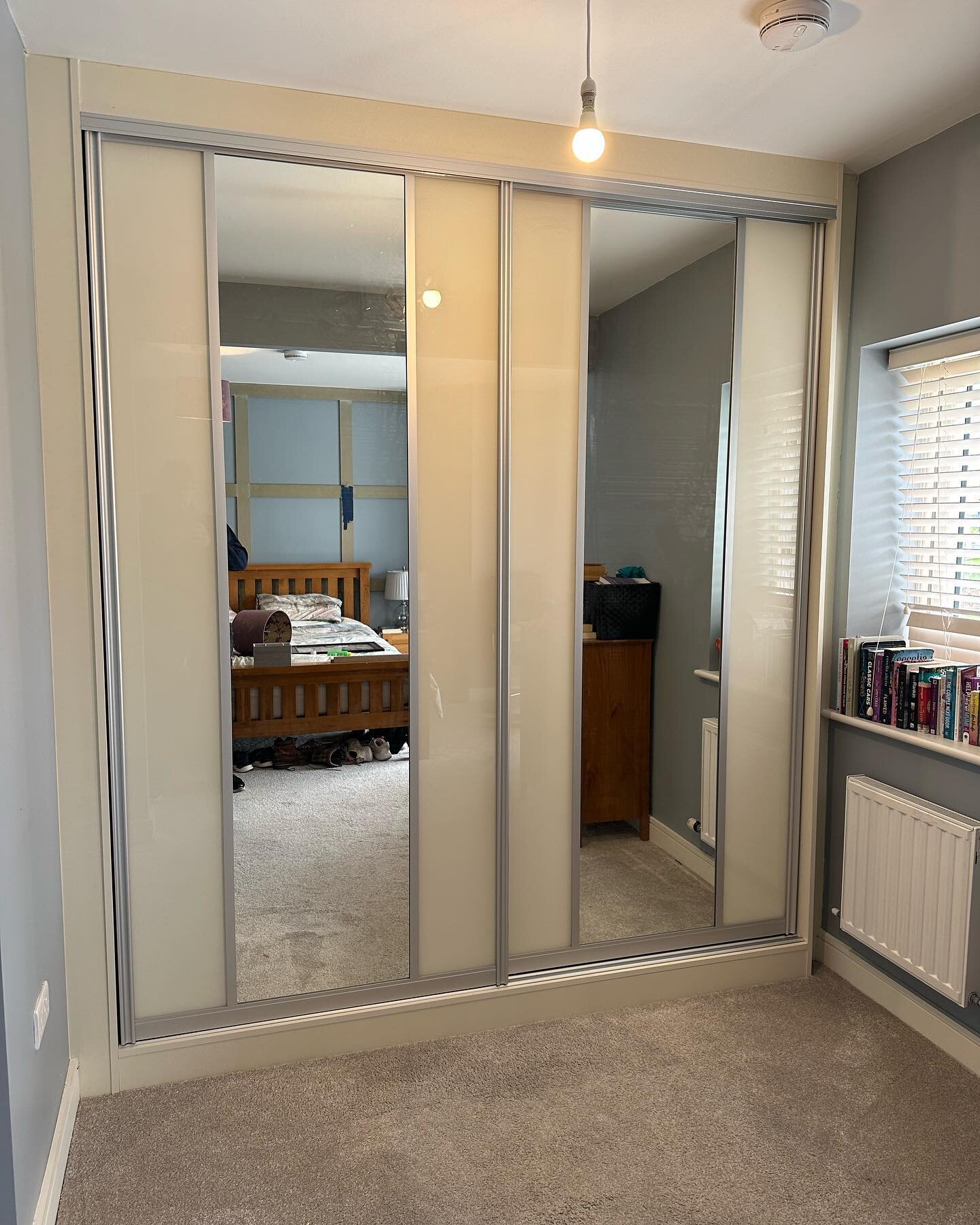 This weeks fit is a nice slide-robe. Doors in this one are &ldquo;pearl glass&rdquo; with mirror in the centres. 
Internally, is Cambrian oak with a mix of hanging, shelving and shoe drawers, with a nice jewellery drawer on top. 

If you have any ide