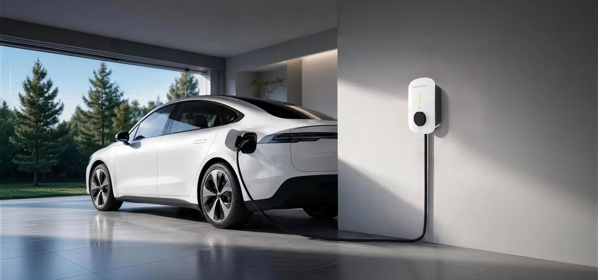 A white electric car connected to a wall-mounted charging station inside a modern garage with large windows overlooking trees.