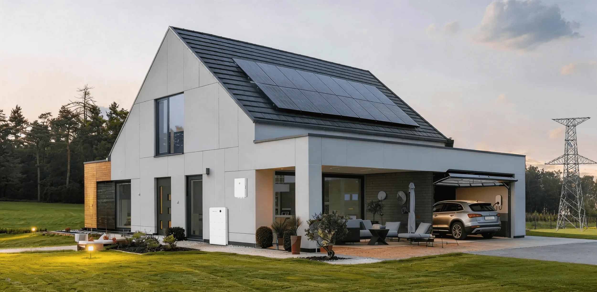 Modern two-story house with black solar panels on the roof, a garage with a car, outdoor seating area, and a well-maintained yard with grass and plants, during sunset.