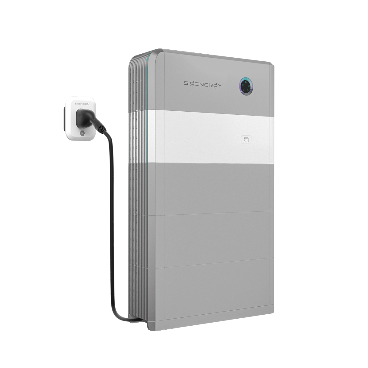 An electric vehicle charging station with a gray and white design, labelled 'SigEnergy,' charging an electric car.