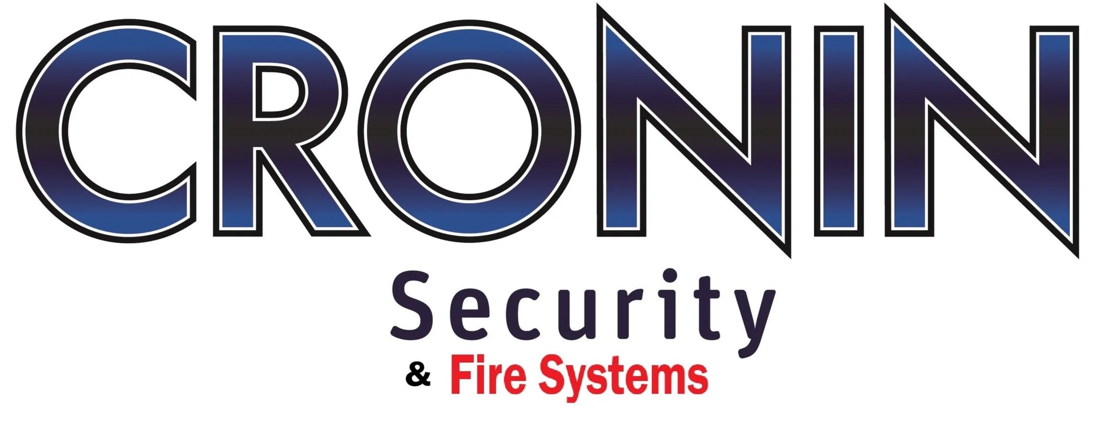 Logo for Cronin Security & Fire Systems, featuring the company name with 'Cronin' in large stylized black and blue gradient letters, 'Security' in smaller dark blue letters, and '& Fire Systems' in red letters.