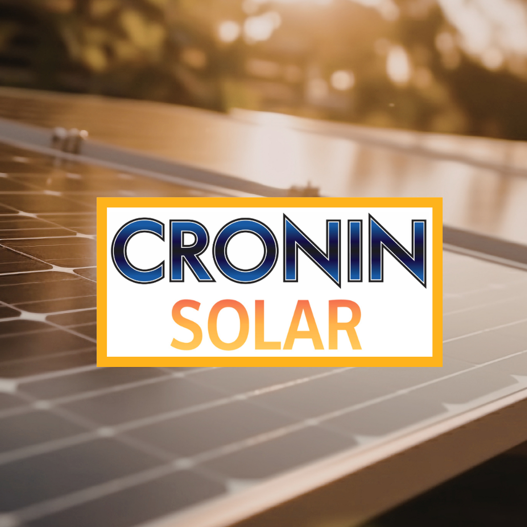 Close-up of solar panels with a logo overlay that reads 'CRONIN SOLAR' in bold blue and orange text.