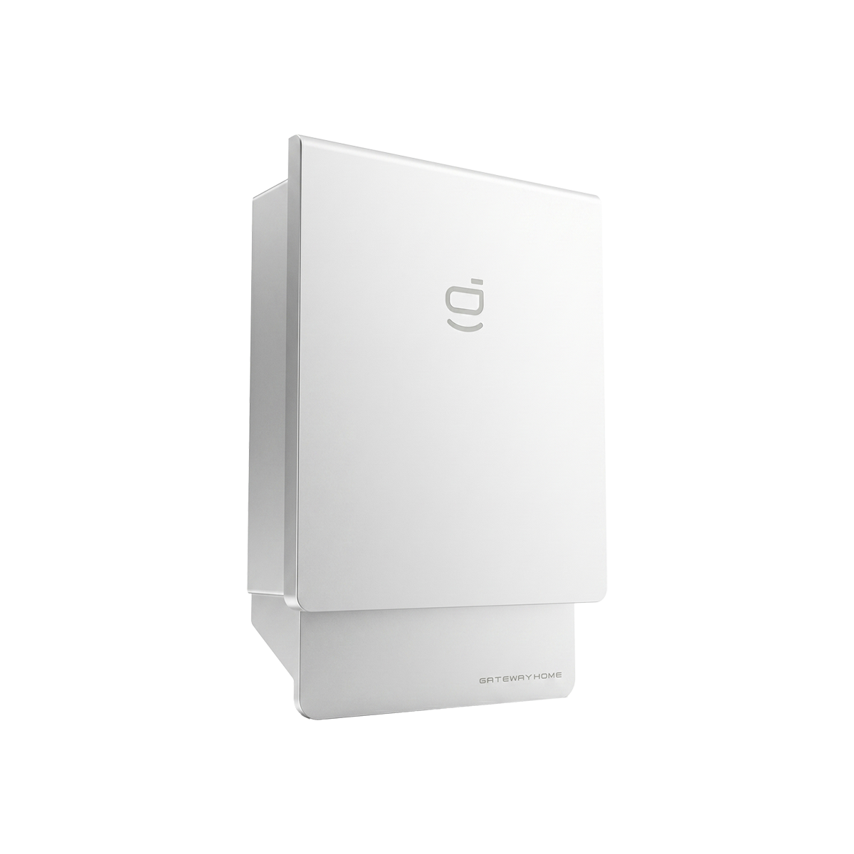 Close-up of a white electronic device labeled 'Gateway' with a modern, sleek design, likely a home internet router or gateway.