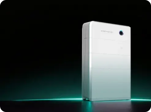 A white, modern home appliance with a vertical, rectangular shape and a single blue circle on the top right corner, set against a black background with teal lighting near the base.