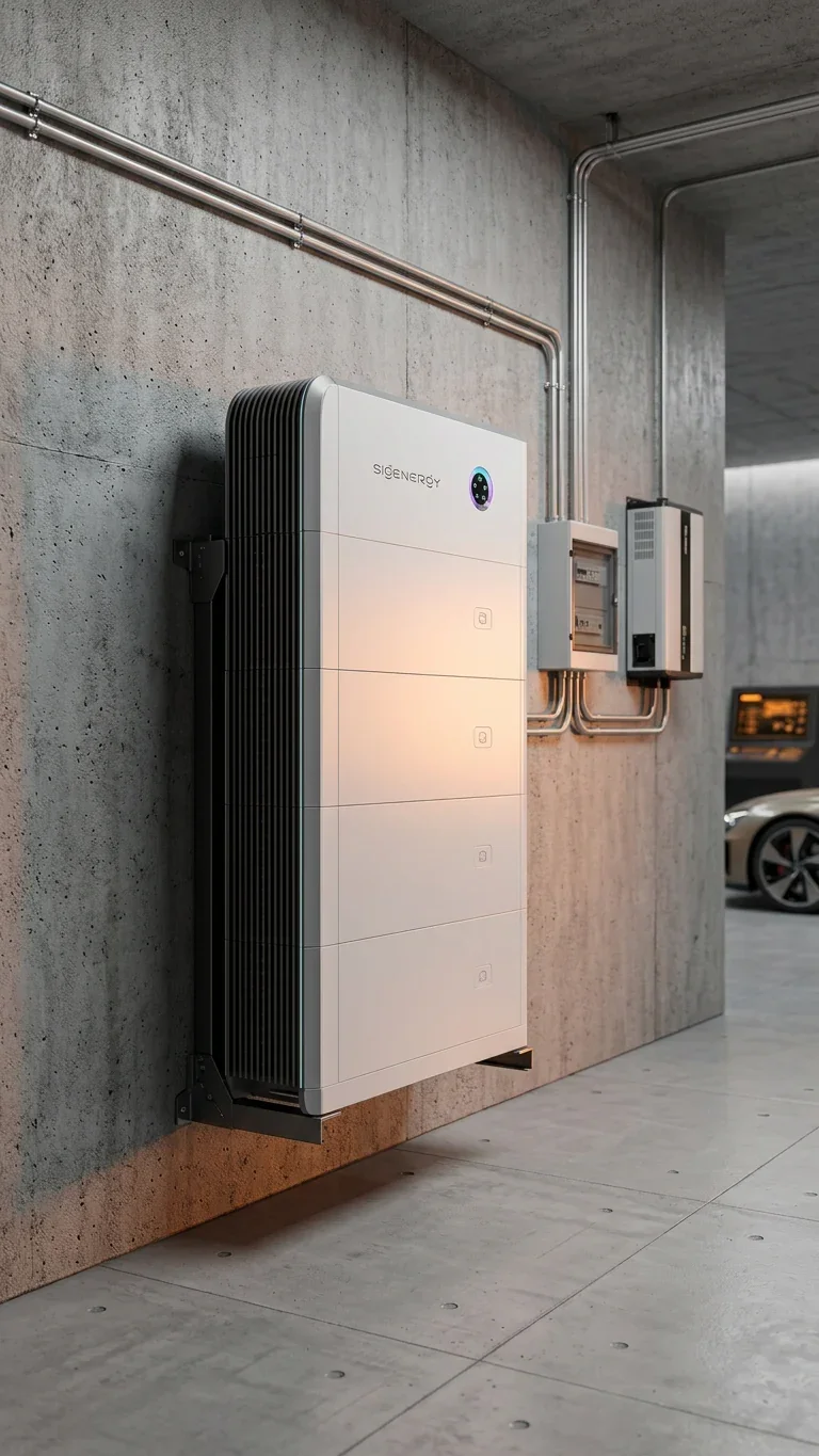 An electric vehicle charging station mounted on a concrete wall, with pipes and electrical boxes nearby, and a car partially visible in the background.