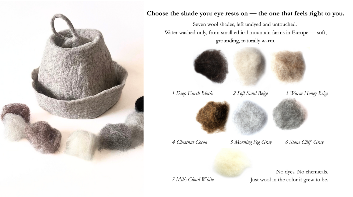 Hand-felted undyed wool sauna hat shown with seven natural wool shades, made from organic mountain sheep wool sourced from small European farms.
