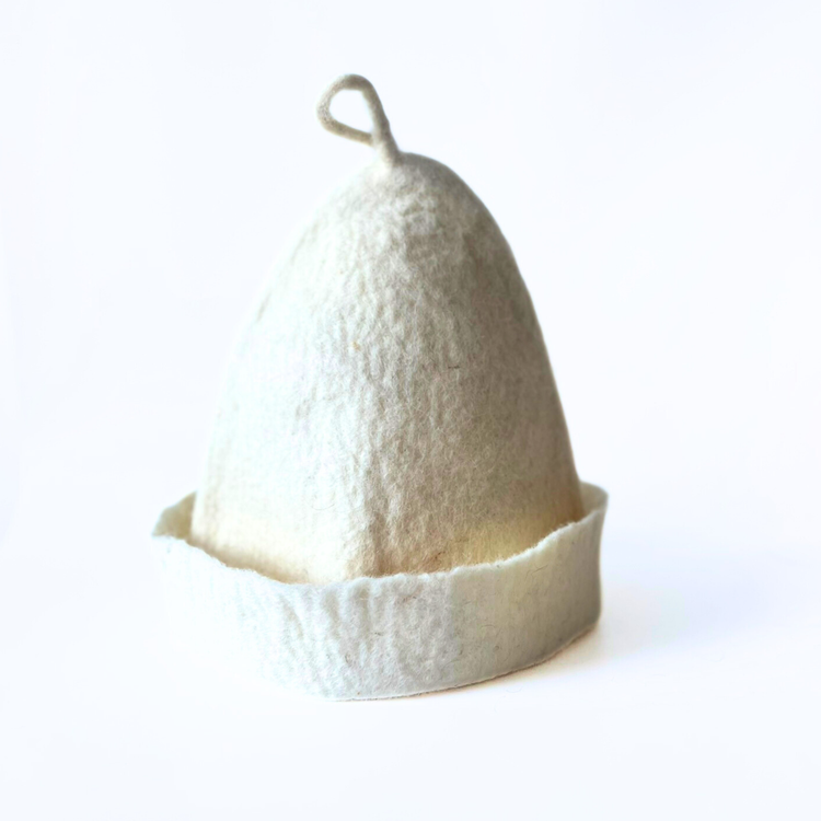 Undyed wool sauna hat with a wool hanging loop, hand-sculpted from Alpine mountain wool