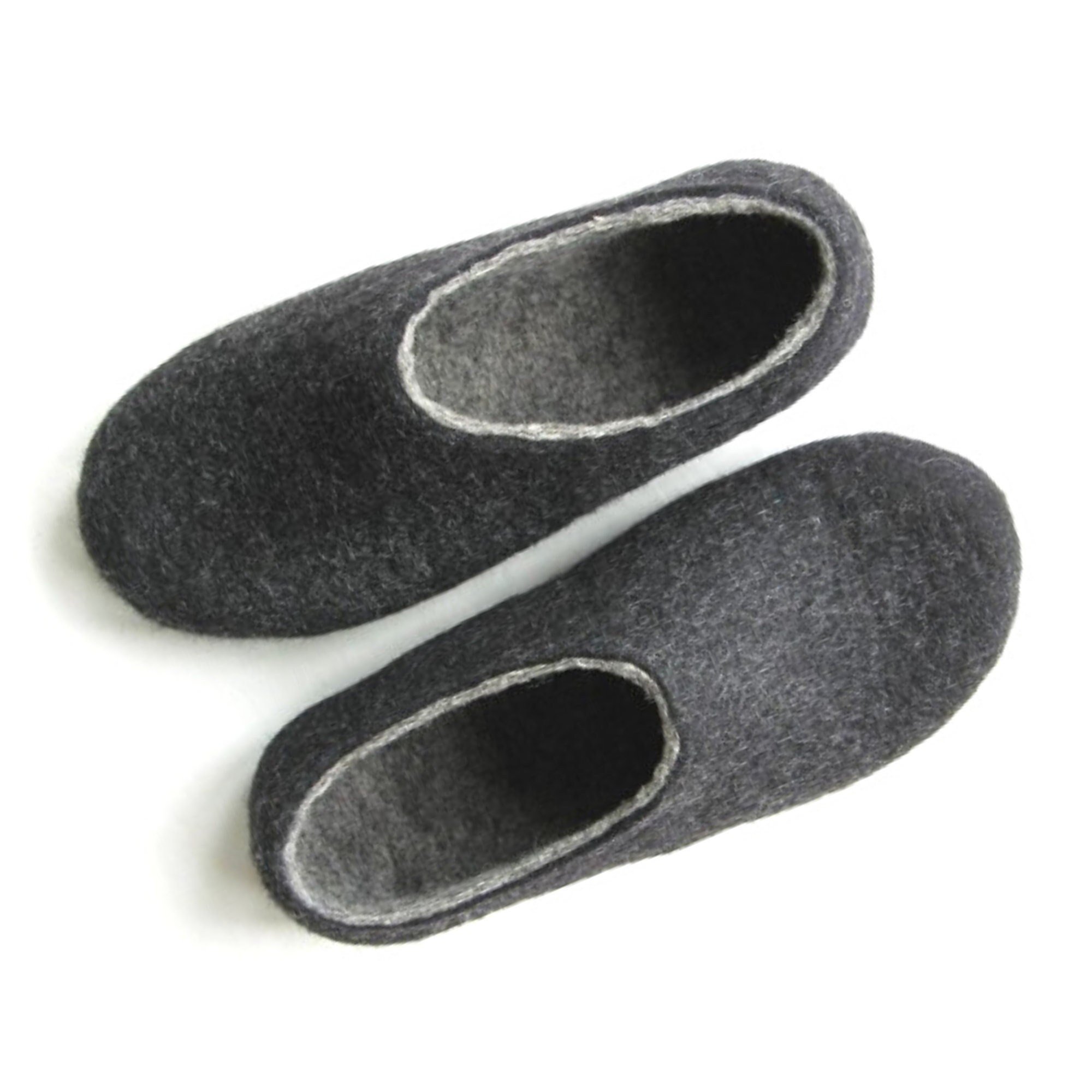 Top-down image of charcoal wool slippers with wide toe box. Natural wool texture offers breathable comfort for summer and cozy warmth for winter.