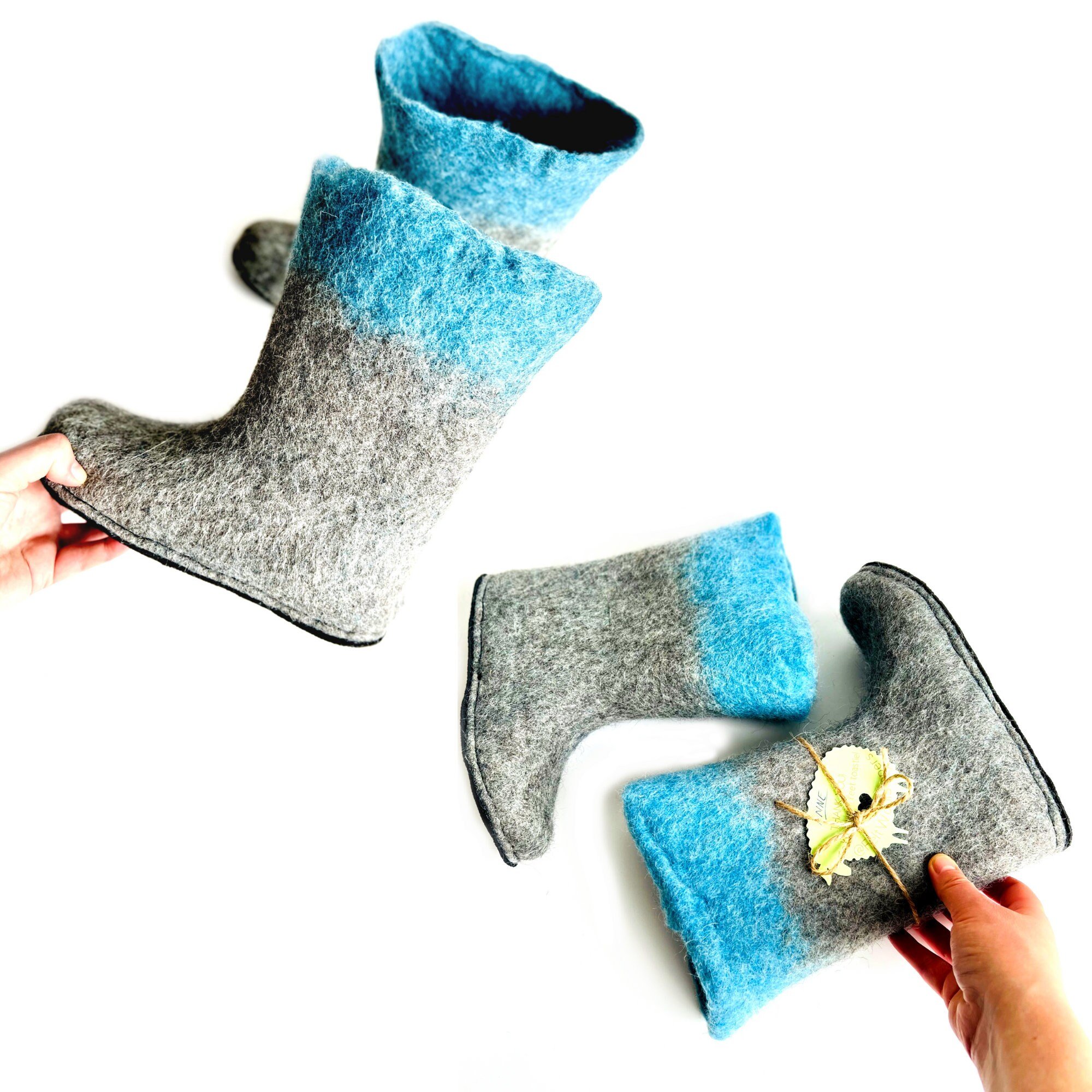 Authentic handcrafted tall Gray and Blue felted wool boots with three natural sole options, made from premium Austrian sheep wool, available in women's US sizes 5-11.5