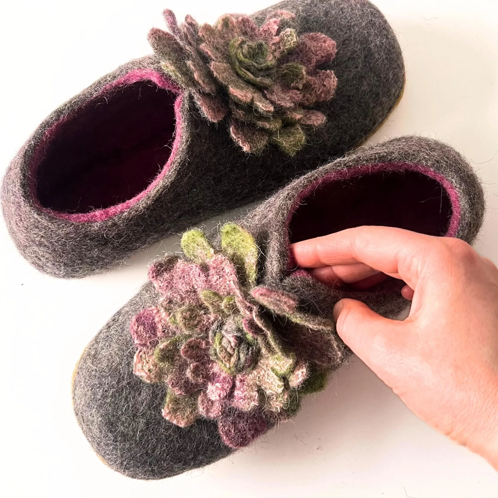 Luxury wool house shoes for women with natural rubber sole and custom handmade felt flower design for cold floors