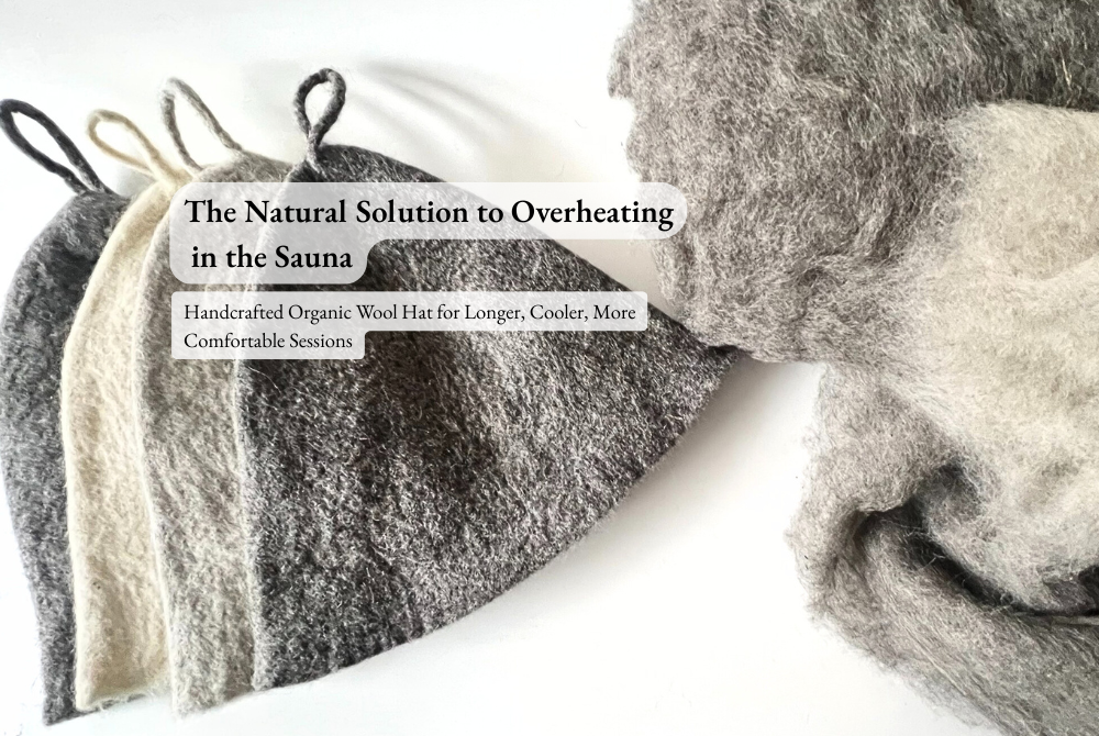 Artisan-made felted wool sauna hat in natural grey, handcrafted for heat protection and longer, more comfortable sauna sessions