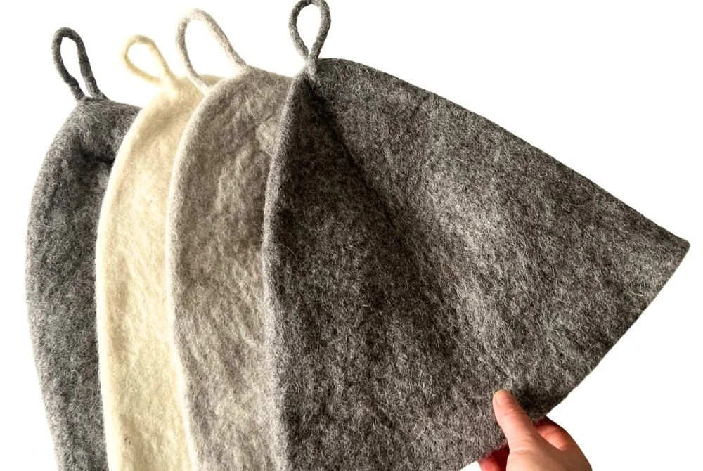 Non-toxic undyed wool sauna hats and organic wool slippers handcrafted in Europe for sauna and cold plunge use