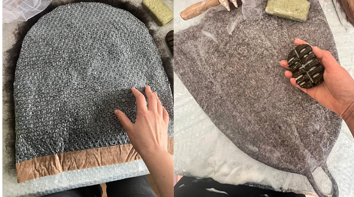 Hand-felted seamless wool sauna hats made from a single piece of undyed organic wool, shown in natural shades to demonstrate even thickness, smooth edges, and traditional construction without seams or stitching.