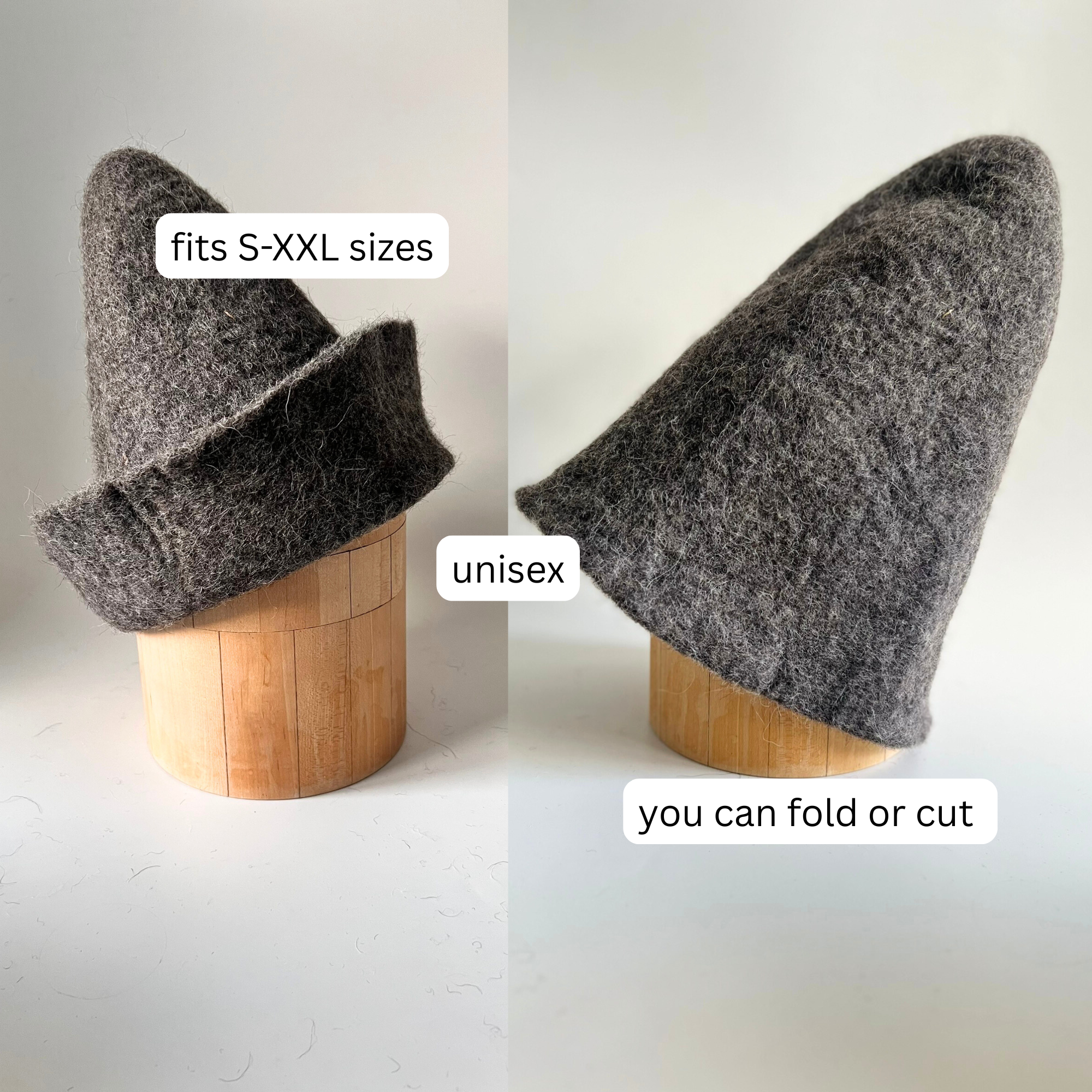 Dark gray undyed wool sauna hat on wooden forms, with the brim folded and unfolded