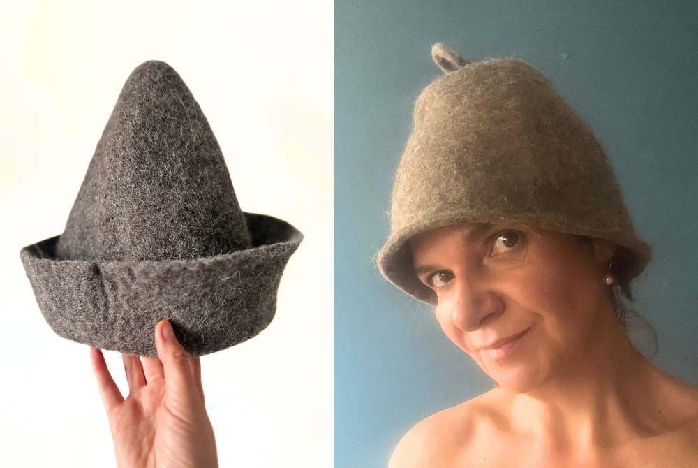 Handmade organic wool sauna hat shown on a woman and held in hand, designed to prevent overheating and fatigue in the sauna for longer, more comfortable sessions.