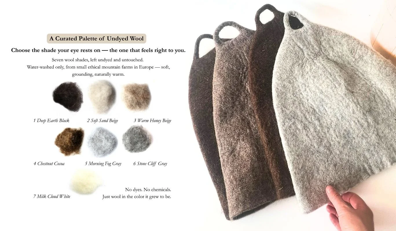 Seven natural undyed Alpine wool shades for sauna hats, from white and beige to gray, chocolate and black