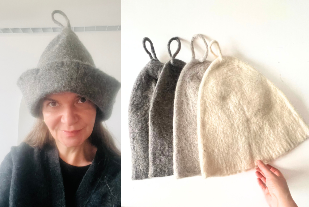 Handcrafted organic wool sauna hats in natural undyed colors, made by Dovile from FeltForma. Shown in multiple shades with a unisex fit, designed for heat protection and comfortable sauna rituals.