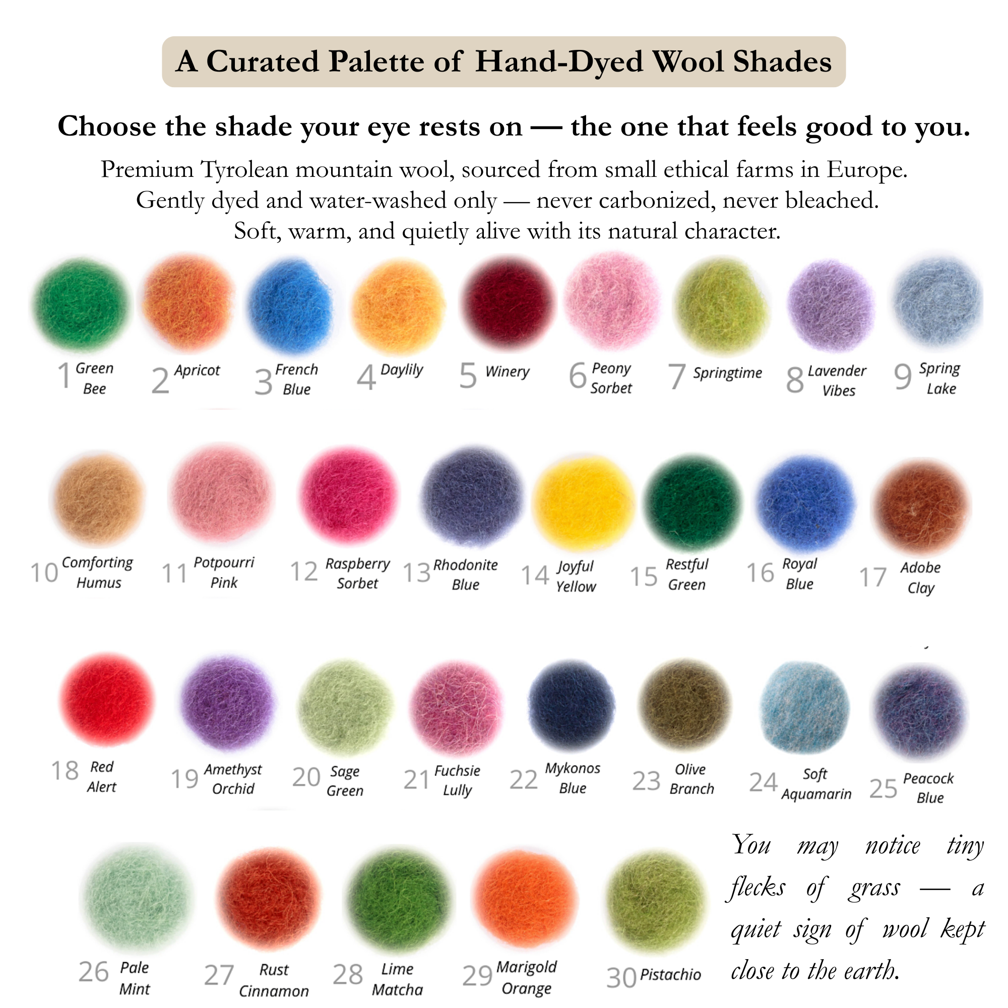 Feltforma hand-dyed wool color palette with 30 natural shades for custom handmade slippers — soft, warm, acid-free dyes on Premium Tyrolean mountain wool, water-washed only