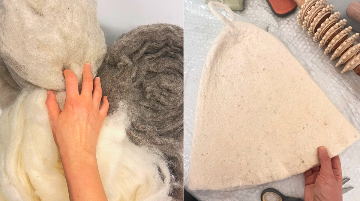 Raw undyed organic wool being hand-felted into a seamless sauna hat, showing lanolin-rich fibers that protect the scalp from overheating and help regulate head temperature during real sauna sessions.