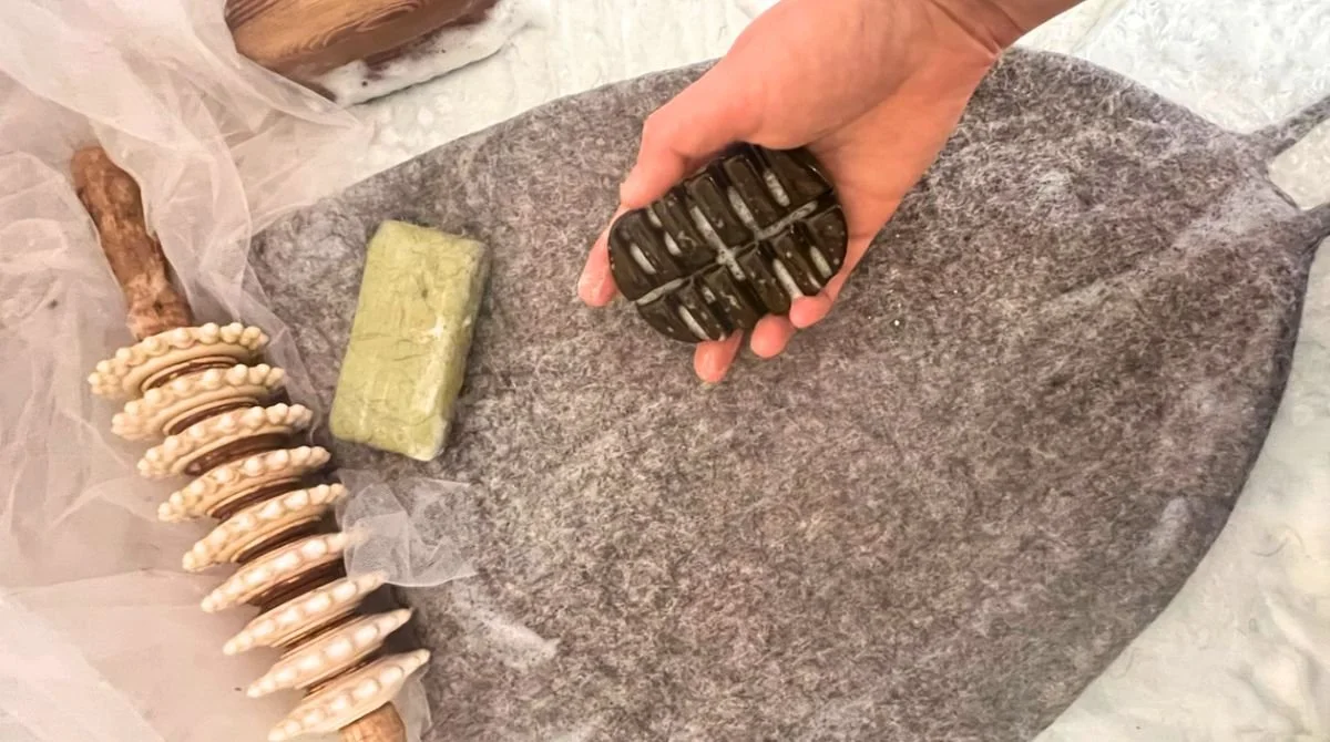 Handmade wool sauna hat for contrast therapy and cold plunge — sculpted from undyed Tyrolean mountain wool with natural olive oil soap. No dyes, no glue, no plastic, no polyester. Made to order in Vilnius, Lithuania. Ships duty-free to the USA.