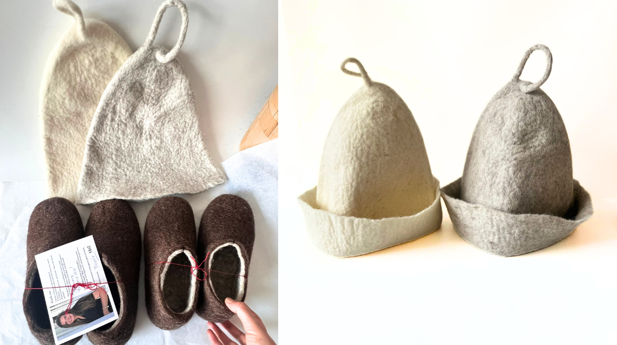 Hand-felted undyed wool sauna hats and matching wool slippers made from a single piece of organic mountain sheep wool, shown seamless and glue-free, demonstrating traditional wet-felting craftsmanship for natural heat balance and comfort.