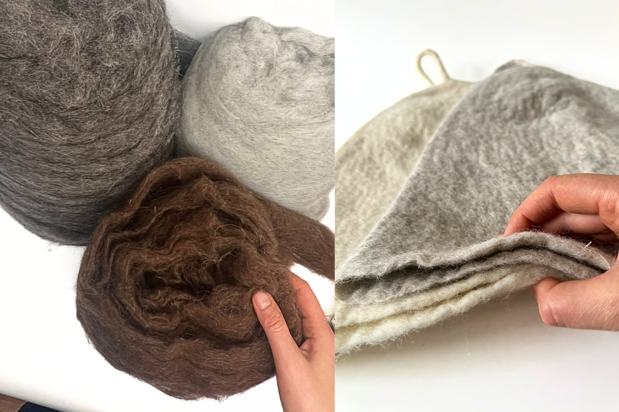 Hands touching raw undyed wool and felted wool layers, showing the natural fibers that come into direct contact with the skin during sauna and daily rituals.