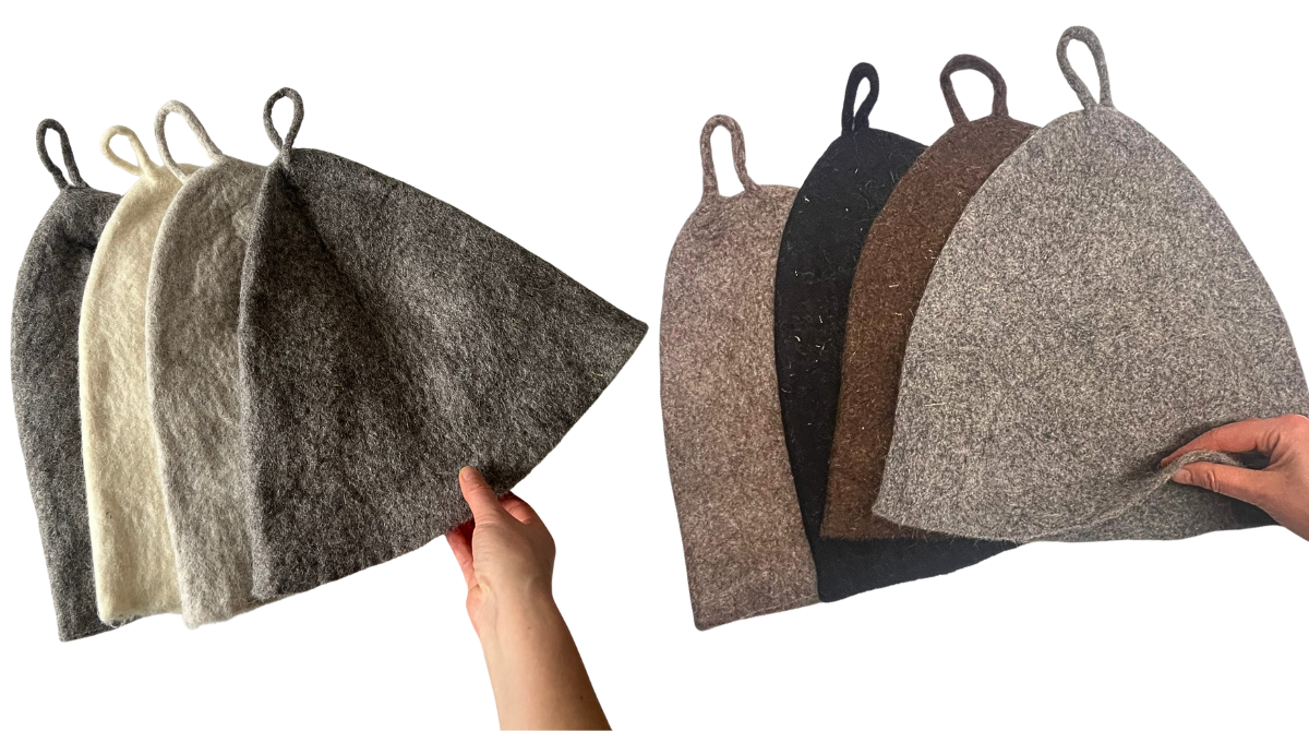Handmade undyed wool sauna hats in natural gray and ivory tones, felted from organic mountain sheep wool and designed for modern sauna and cold plunge recovery rituals.