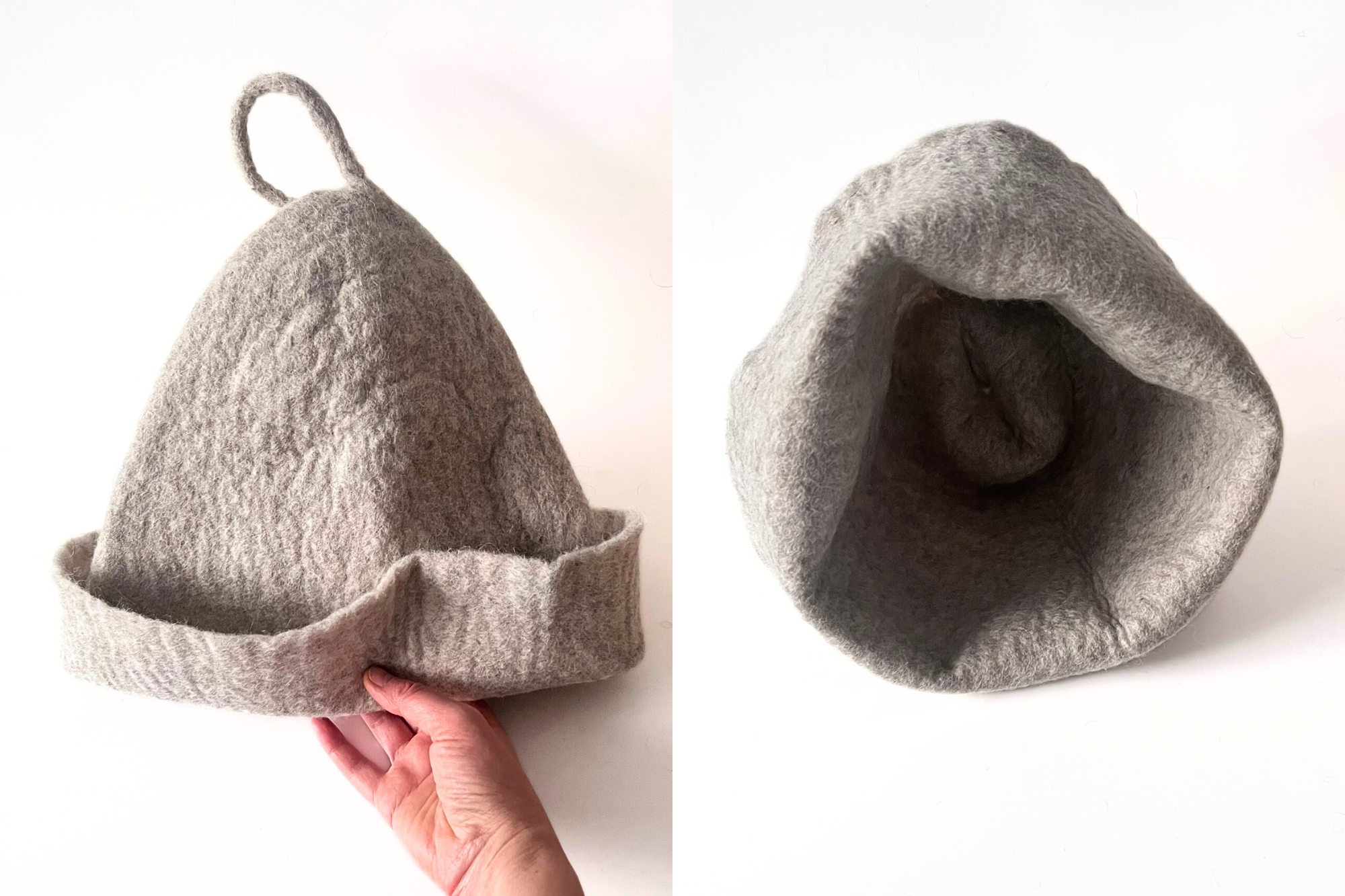 Interior of an undyed wool sauna hat showing the seamless felted structure that touches the skin without pressure points.