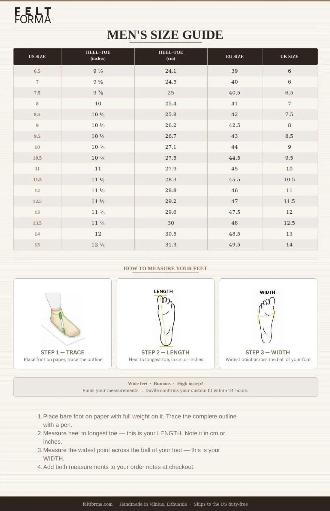 Feltforma men's wool slippers size guide — US sizes 6.5 to 15 with heel-to-toe measurements in inches and cm, EU and UK conversions, and how-to-measure instructions for custom fit including wide feet, bunions, and high instep