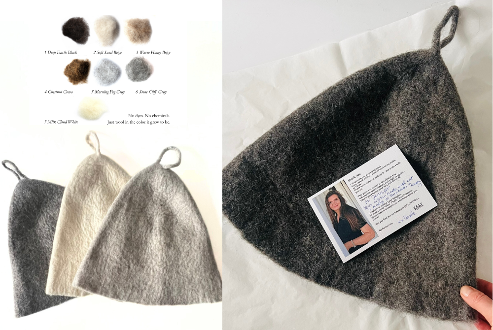 Handmade organic wool sauna hats in seven natural undyed colors shown as a thoughtful wellness gift, with a personalized thank-you card included.  Handcrafted sauna hat as a meaningful gift for sauna lovers.