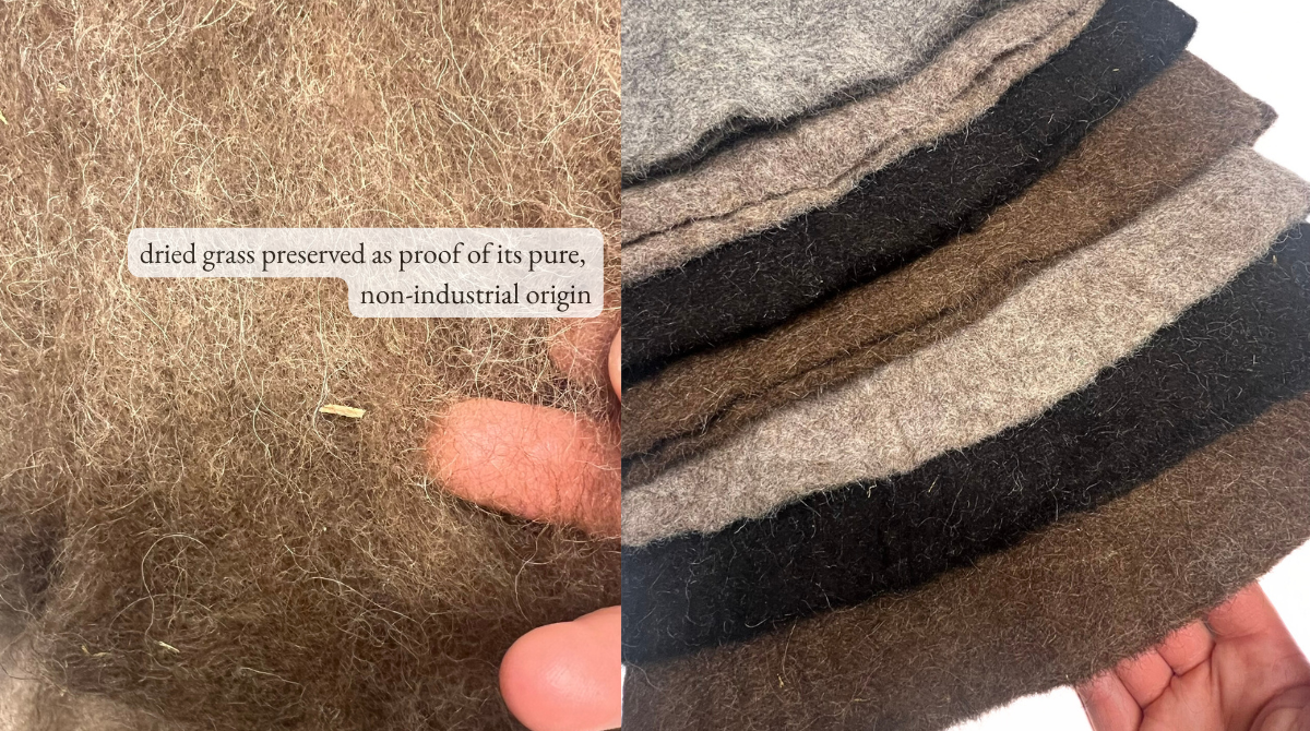Organic undyed wool sauna hat fabric showing natural fibers and preserved dried grass, alongside folded felt layers in natural shades used for sauna, spa, travel, and cold plunge rituals.