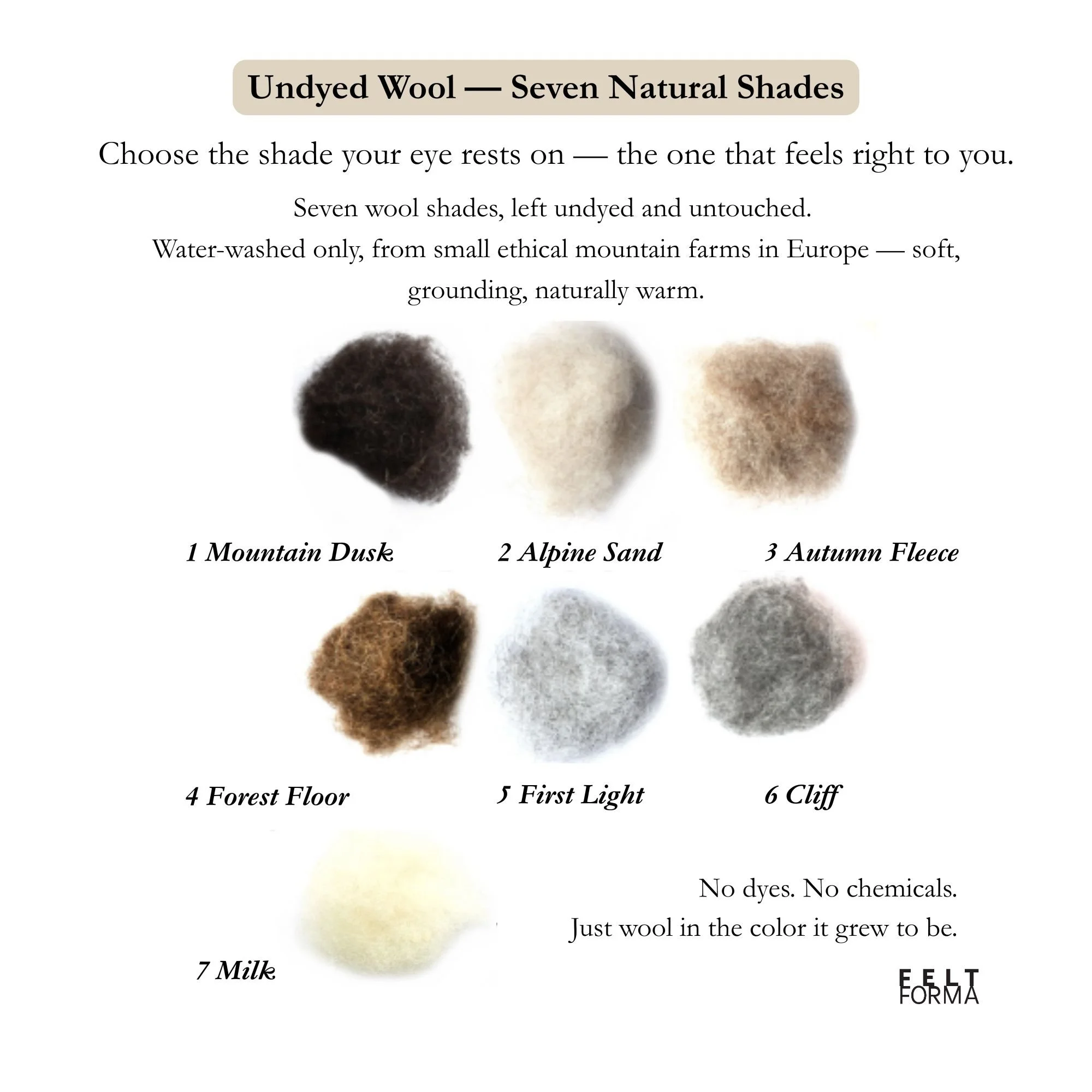 Seven natural undyed wool shades for Feltforma sauna hats: Mountain Dusk, Alpine Sand, Autumn Fleece, Forest Floor, First Light, Cliff, and Milk