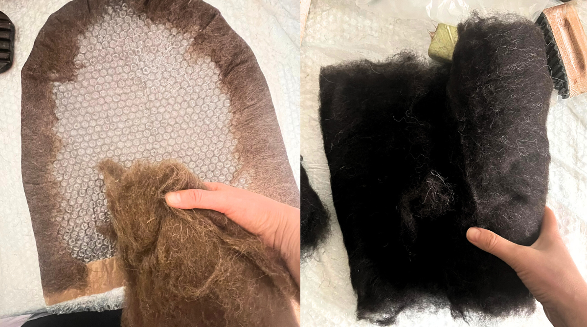 Hands working with raw lanolin rich sheep wool during the hand felting process, showing natural organic fibers used to create an undyed wool sauna hat that protects the scalp, hair, and heat balance during sauna rituals.
