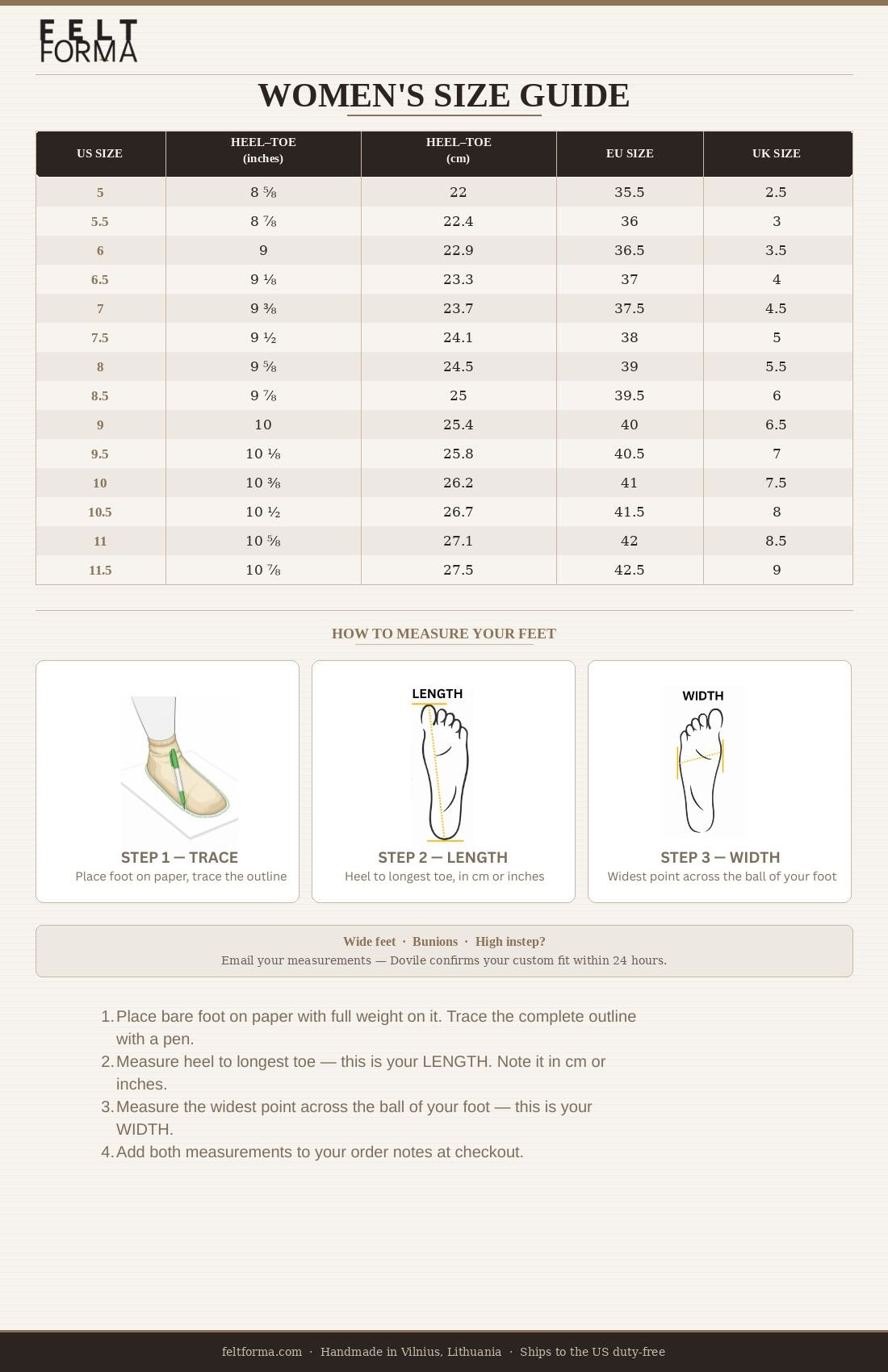 Feltforma women's wool slippers size guide — US sizes 5 to 11.5 with heel-to-toe measurements in inches and cm, EU and UK conversions, and how-to-measure instructions for custom fit including wide feet, bunions, and high instep